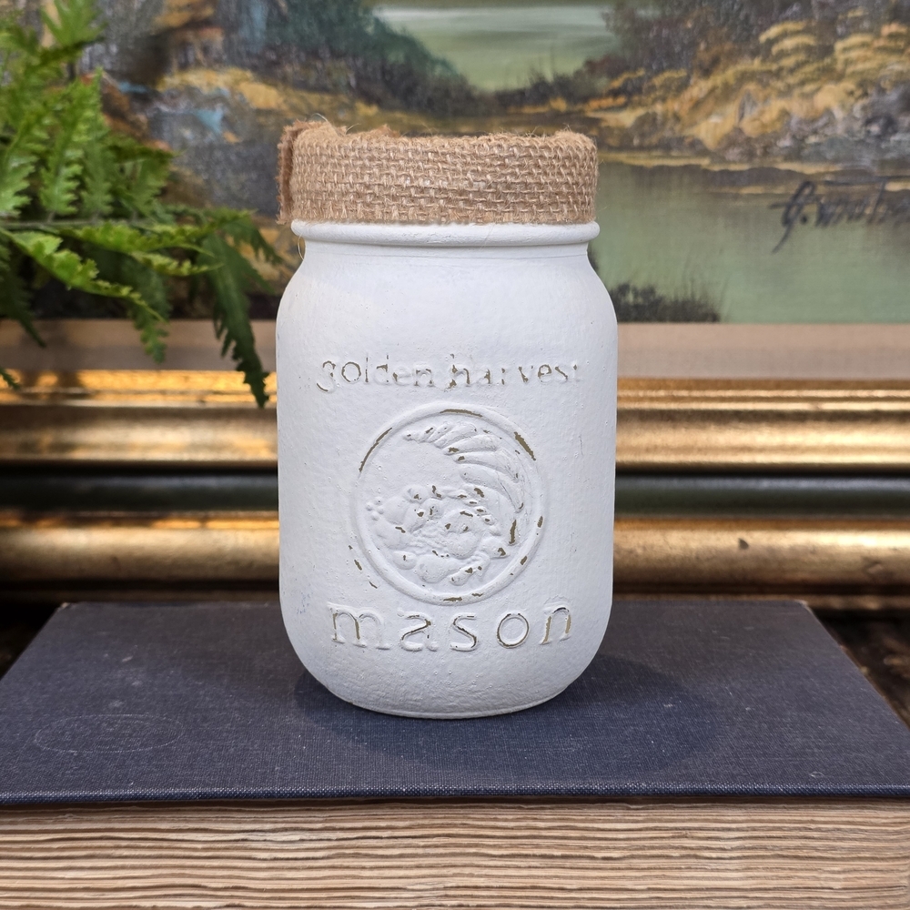 Golden Harvest Mason Jar White Chalk Paint Burlap Trim Farmhouse Decor Candle
